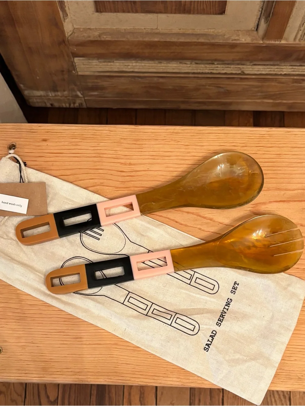 Amber Resin Salad Serving Set with Pink & Black Accents